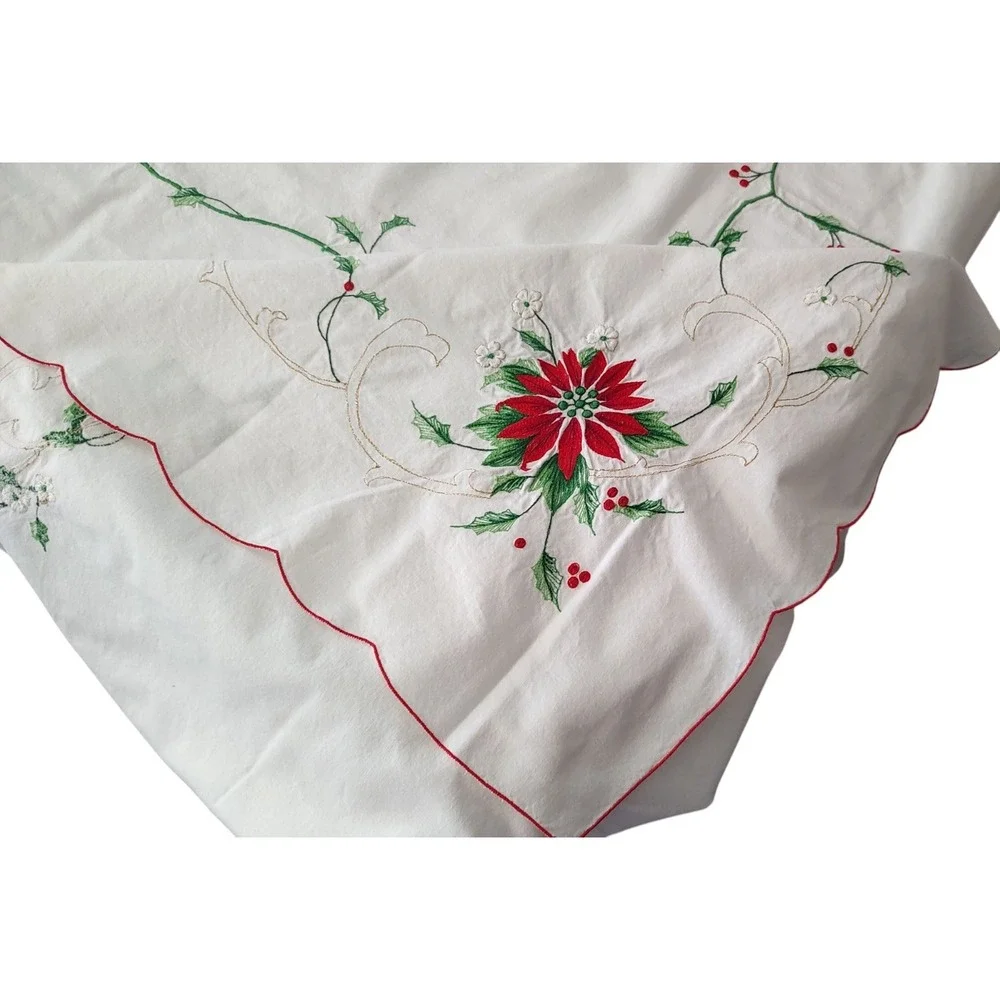 Embroidered Christmas Tablecloth Poinsettias Family Dinner Holiday 115x64 In SEE